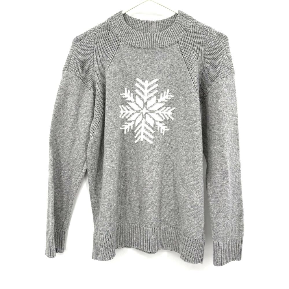 Talbots Size Medium Petite Gray Pullover Sweater‎ Snowflake Graphic Front